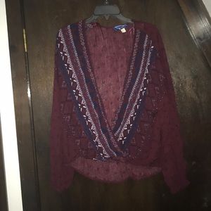 Burgundy and blue tribal blouse